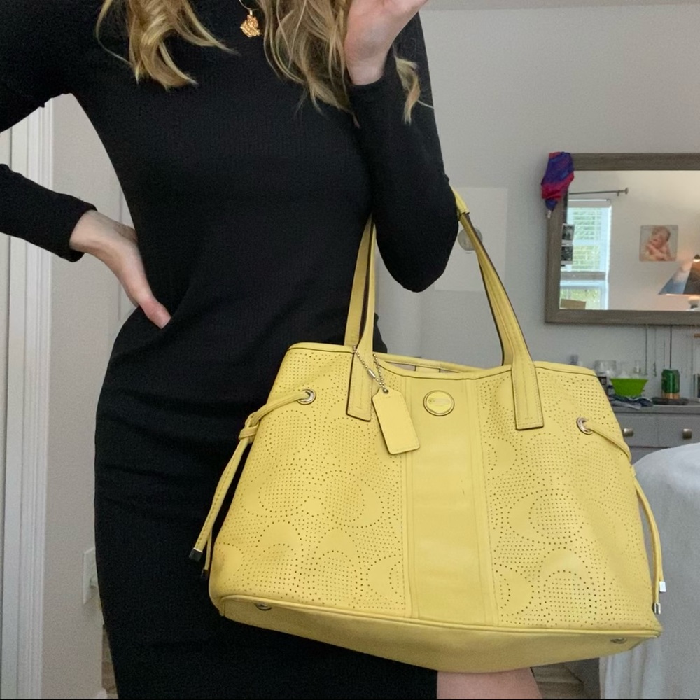 Yellow Perforated Signature Coach Satchel Tote